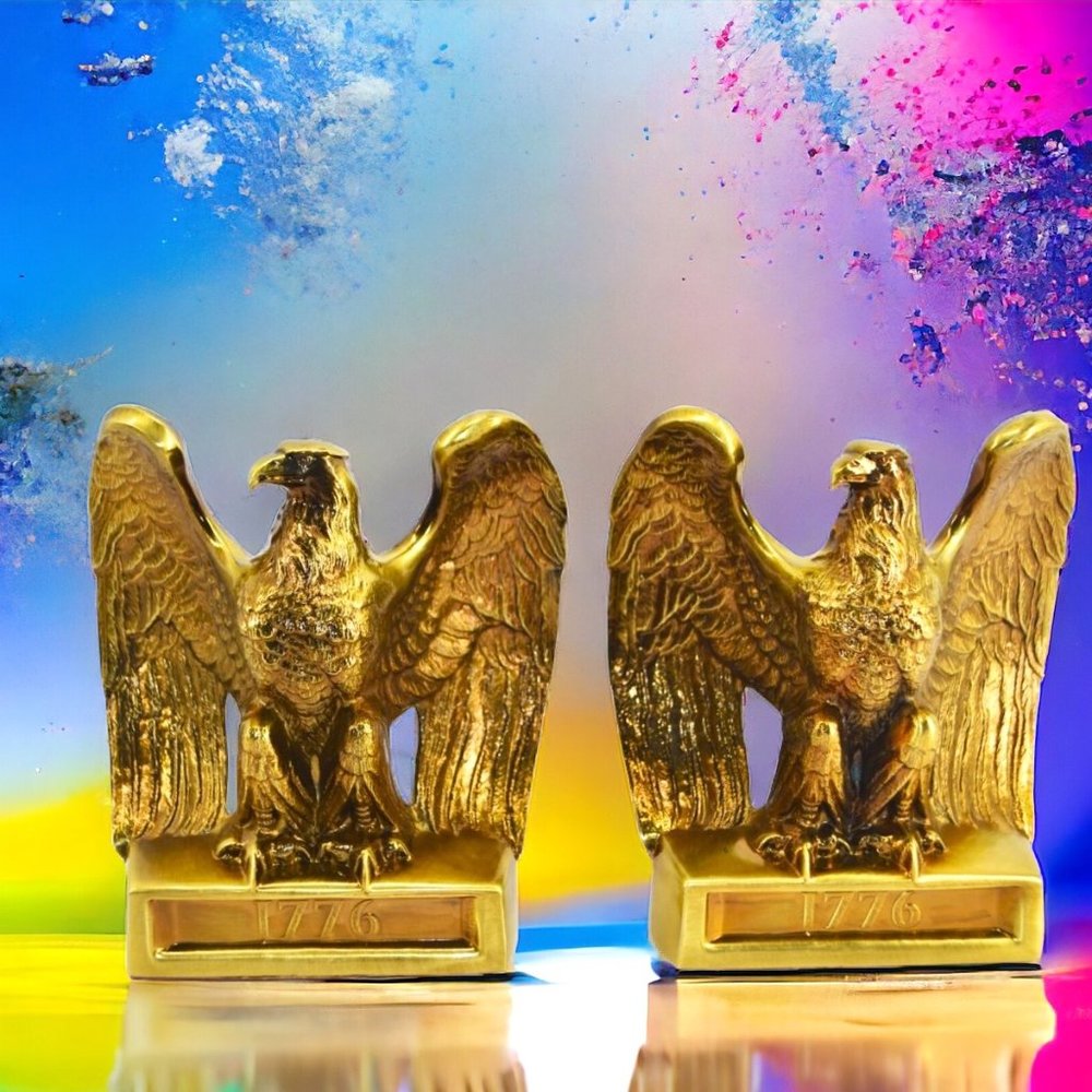Vintage Set of 2 Heavy Brass American Bald Eagle Bookends 1776 PM Craftsman